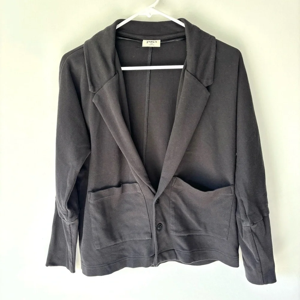 Pact Organic Cotton Airplane Relaxed Blazer Sweater Black Button Front Comfort